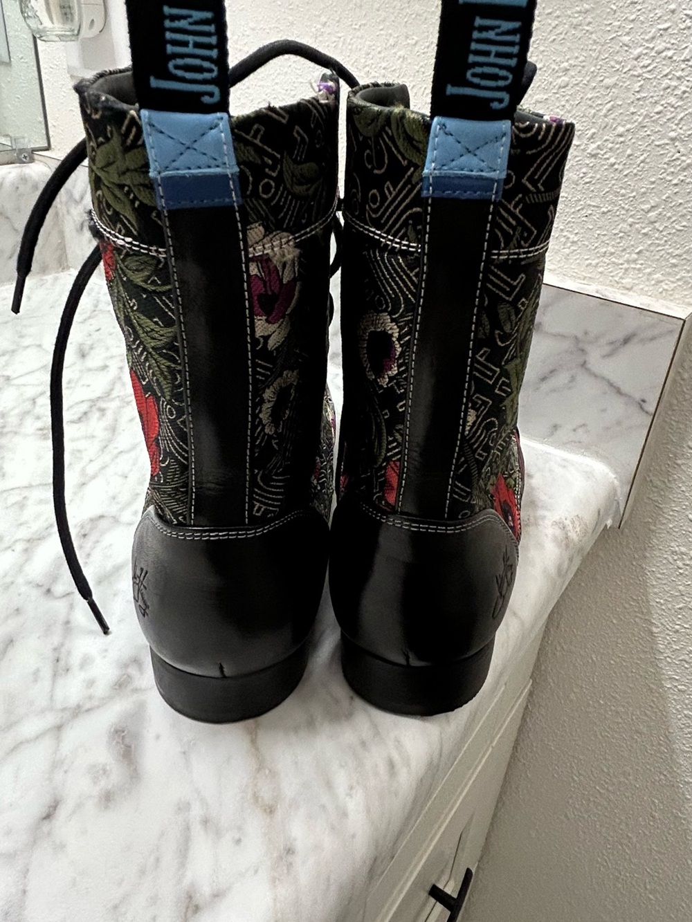 New John Fluevog Black Lace-Up Boots with Red and Purple Floral Embroidery - Picture 3 of 13